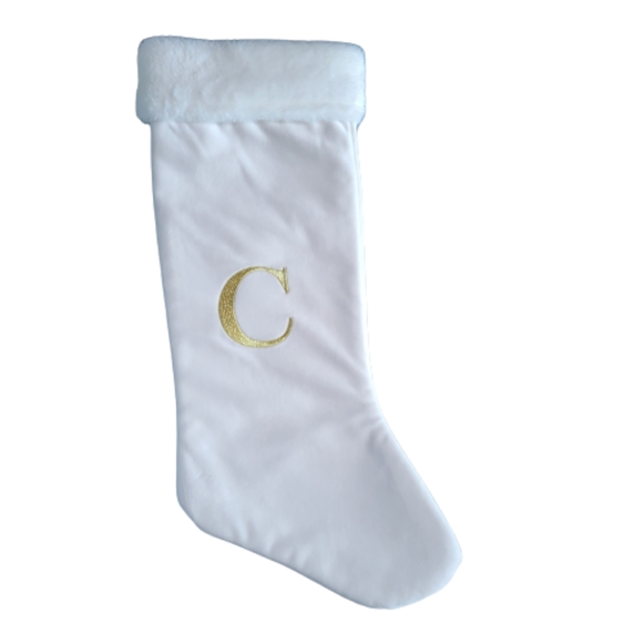 White Velvet Stocking 19"  Christmas  Gold Embroidered C  Polyester  Fluffy Cuff - Picture 1 of 7